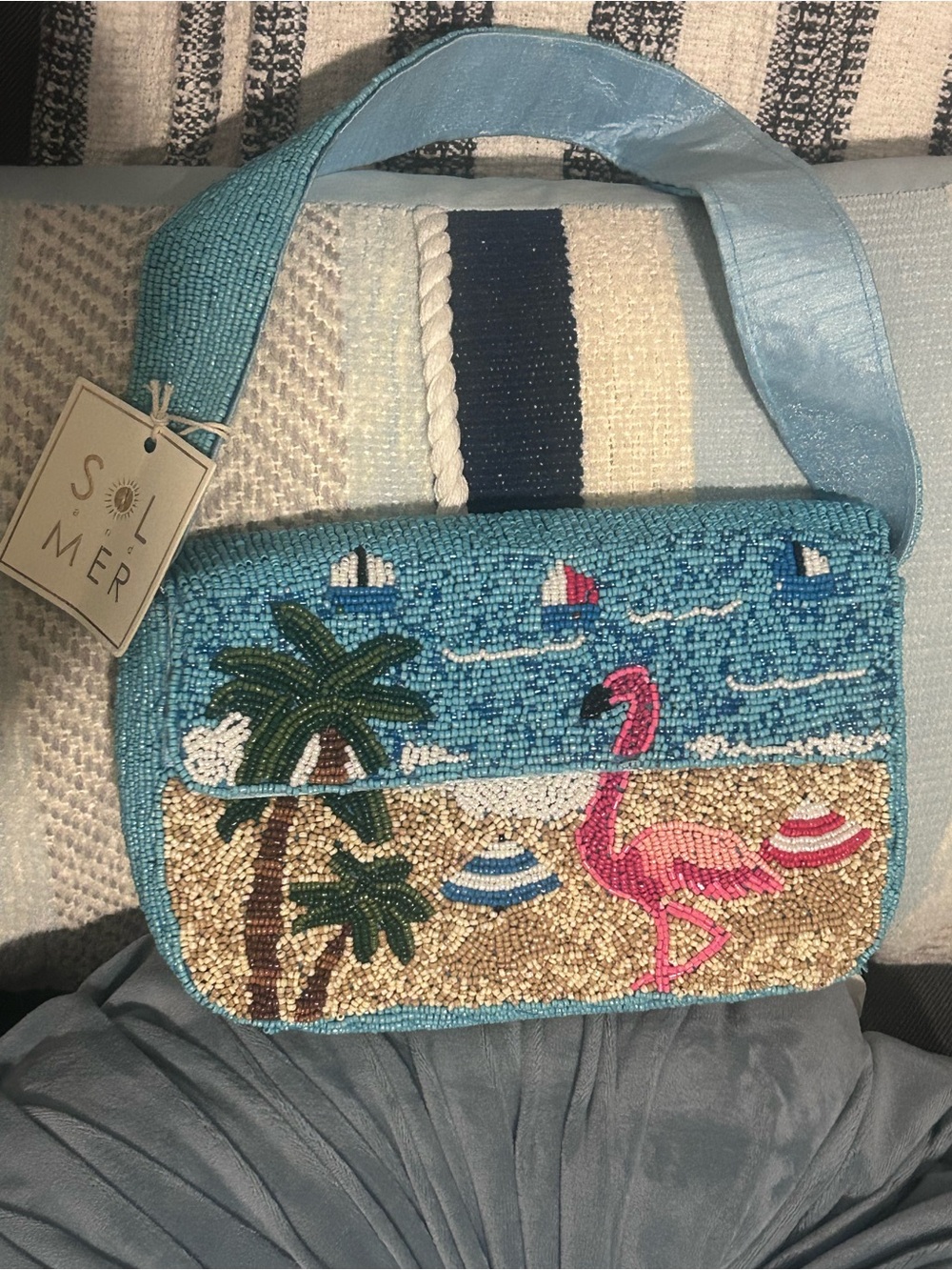 Viral Beaded Flamingo Beach Shoulder Bag in Aqua Blue